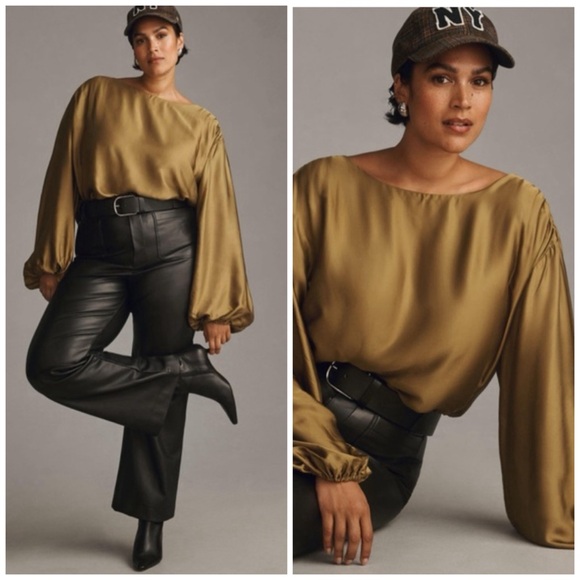 Anthropologie Tops - NWOT Anthropologie Balloon Sleeve Silky Blouse Olive Green Keyhole Back XL